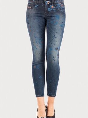 Diesel Livier-ankle Blue Floral-Print Skinny Jeans size 26 - small